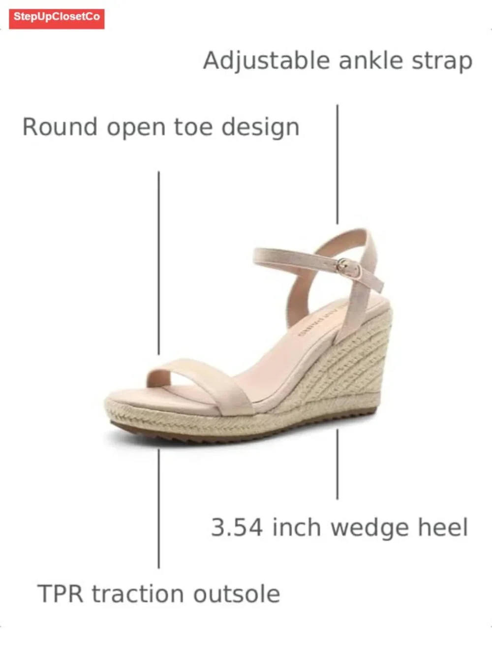 Wedge Espadrille Sandals with Ankle Strap and Cushioned Footbed